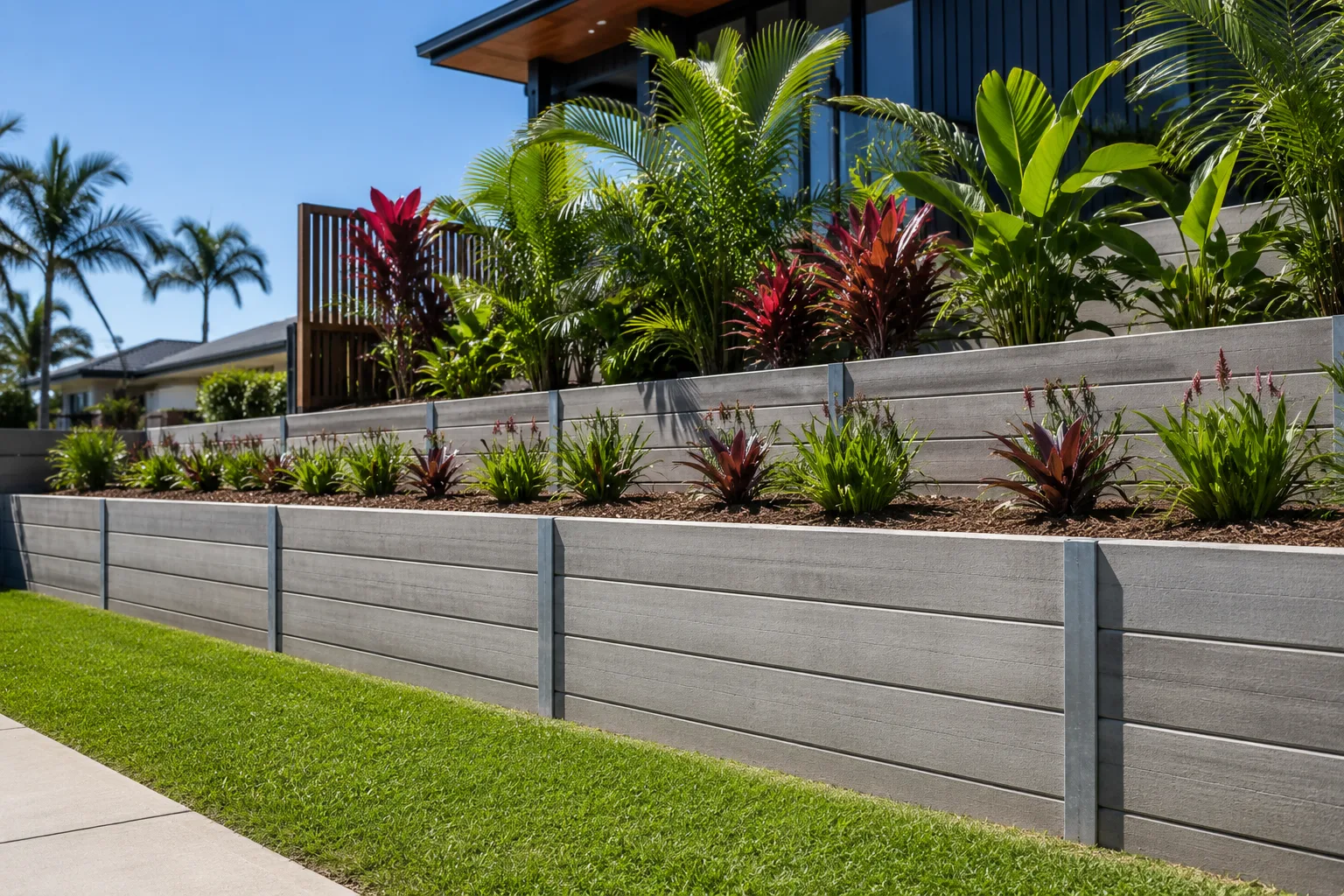 Finished concrete sleeper retaining wall with garden bed