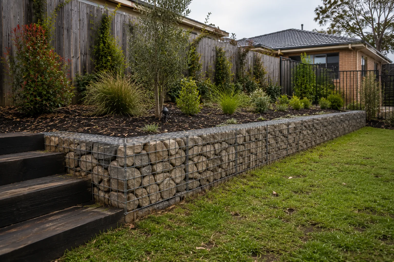 Gabion retaining wall with garden planting