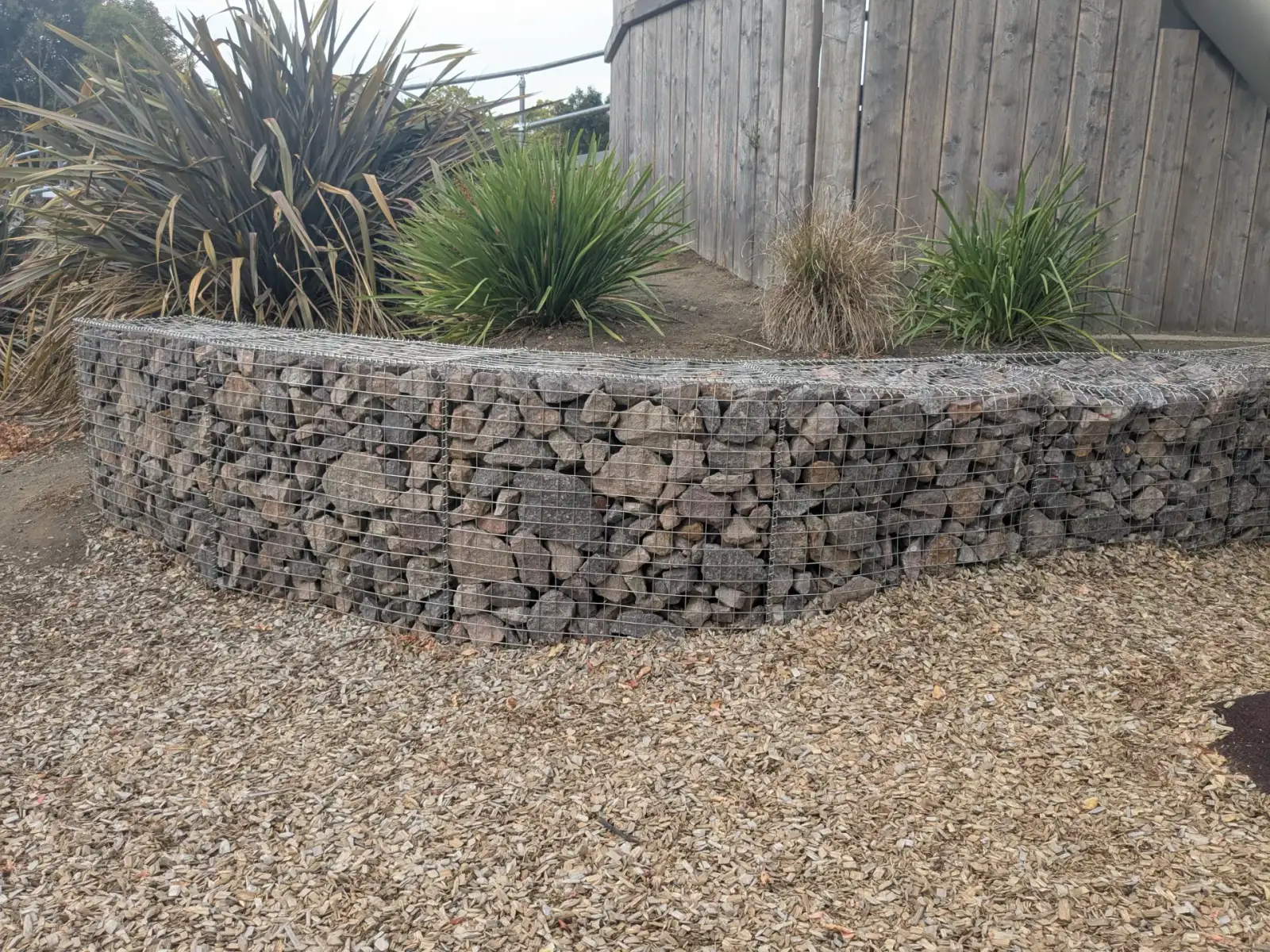 Curved gabion retaining wall with garden planting