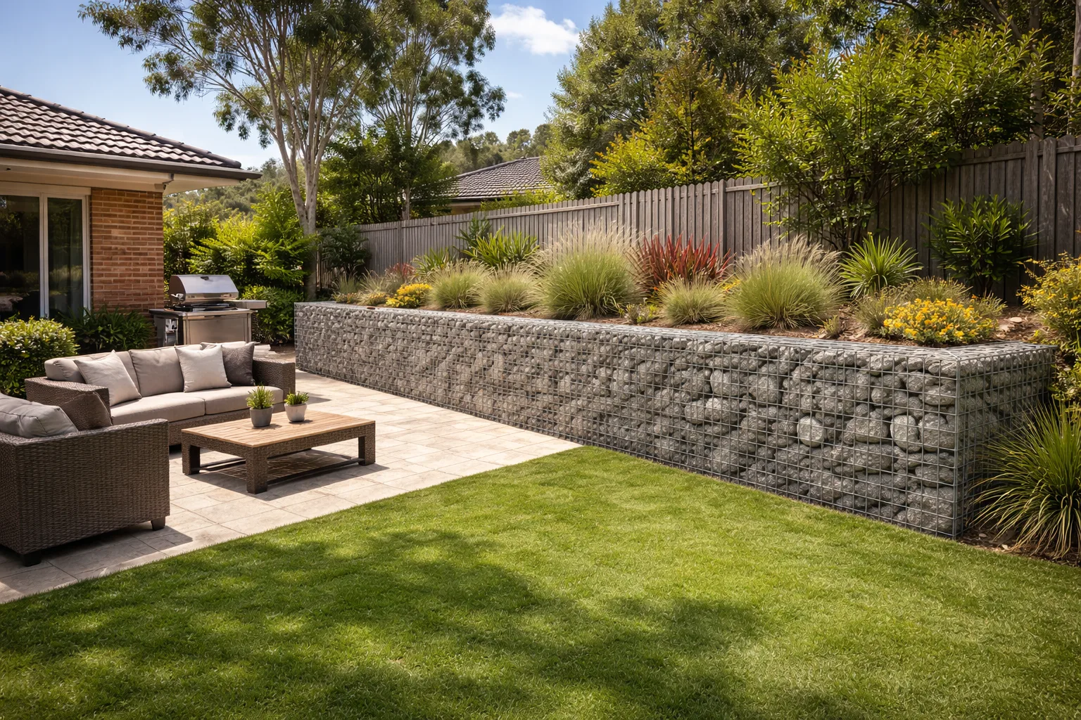 Gabion retaining wall in a landscaped backyard patio