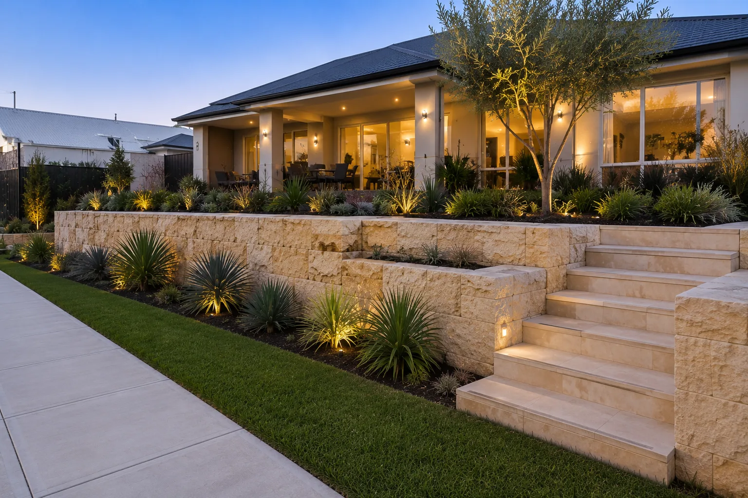 Natural stone retaining wall with flowering garden bed