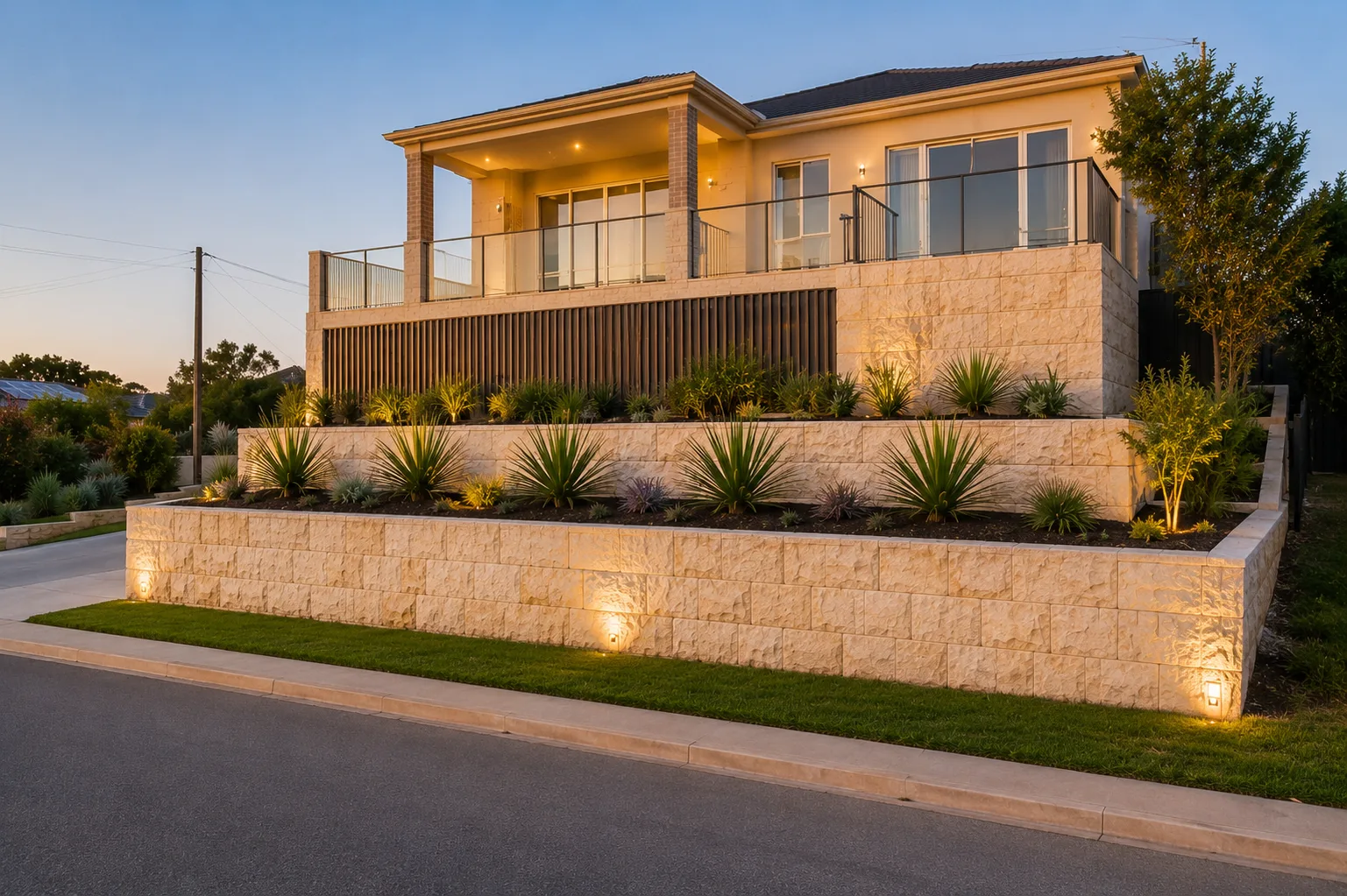 Natural stone retaining wall with garden bed