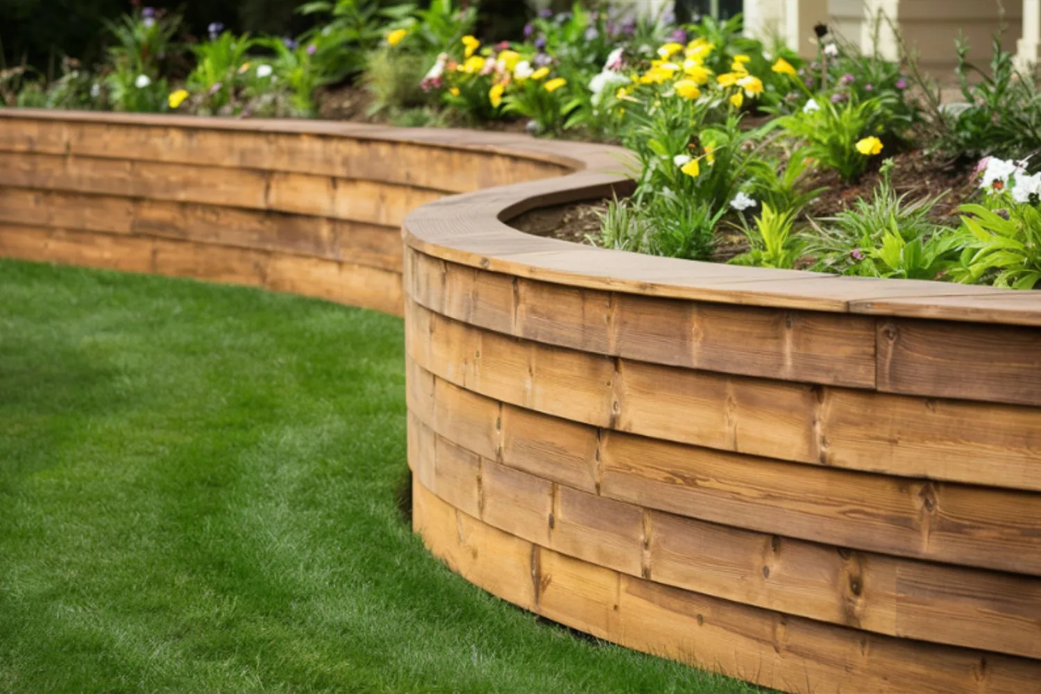 Timber retaining wall along a driveway